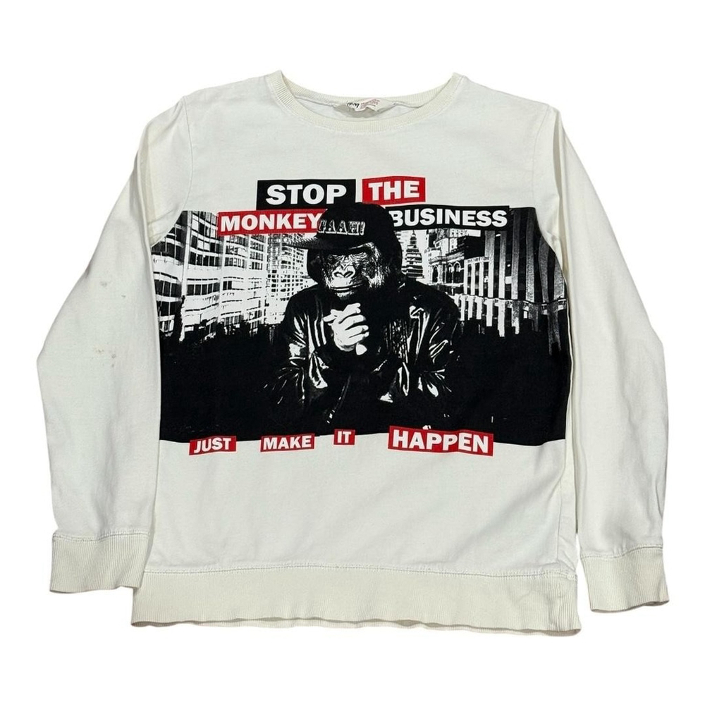 H&M Sweatshirt Youth 10-12Y White Graphic Crewneck Stop The Monkey Business